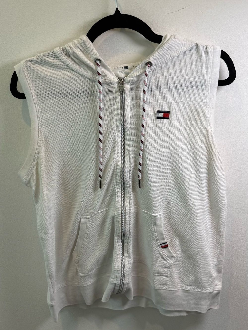 Tommy Hilfiger White Sleeveless Zip-Up Hoodie with Logo- Women's Large